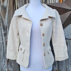 Tweed Blazer WHBM Size 0 Button Front Beige Flap Pockets Crop 3/4 Sleeve Jacket